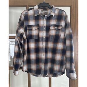 Moosejaw Women’s XL Long Sleeve Plaid Flannel Shirt Orange Blue Cream